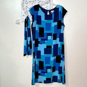 Marc Bouwer LARGE Sleeveless Shift Dress Matching Tie BLUE BLACK Color Block